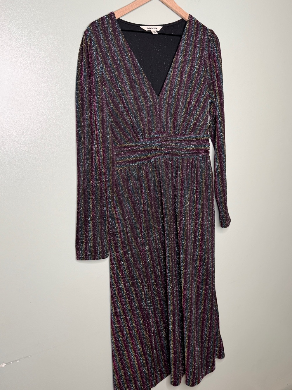 Boden Shimmer Glitter Long Sleeve Stripe Midi Dress Red‎ Black Green Size 8 - Picture 6 of 12